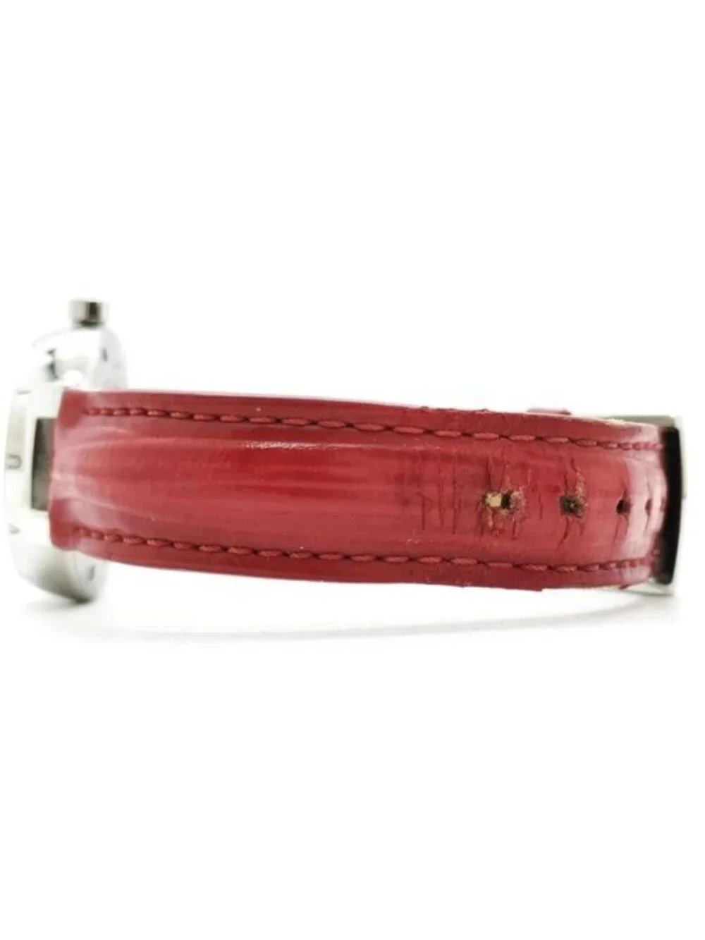 Authentic Louis Vuitton Tambour Black Dial Red Leather Strap Swiss Quartz